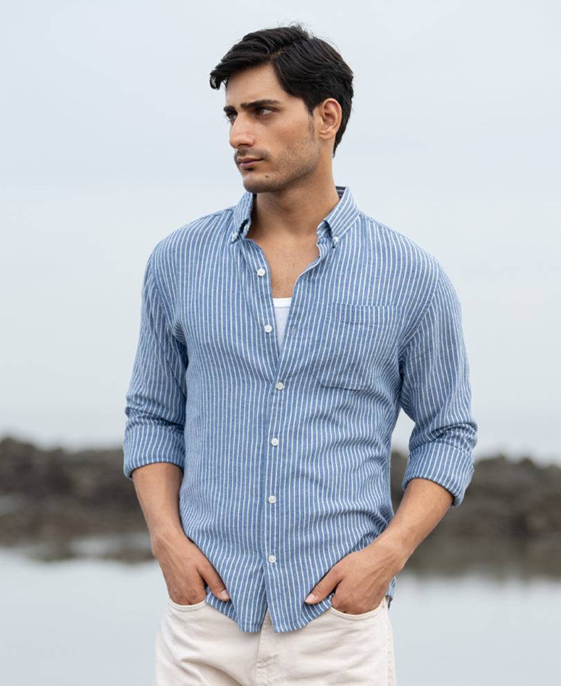 Blue Linen Blend Stripe Shirt Buy @ ₹1199