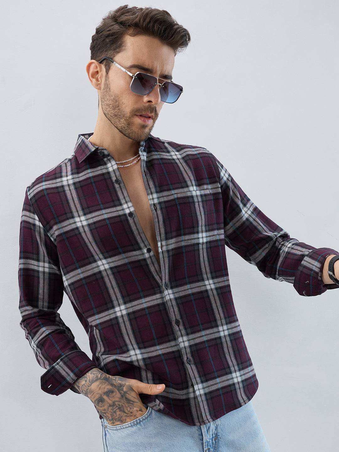 Premium Cotton Dark Maroon Tartan Plaid Checked Shirt Buy only at ₹799