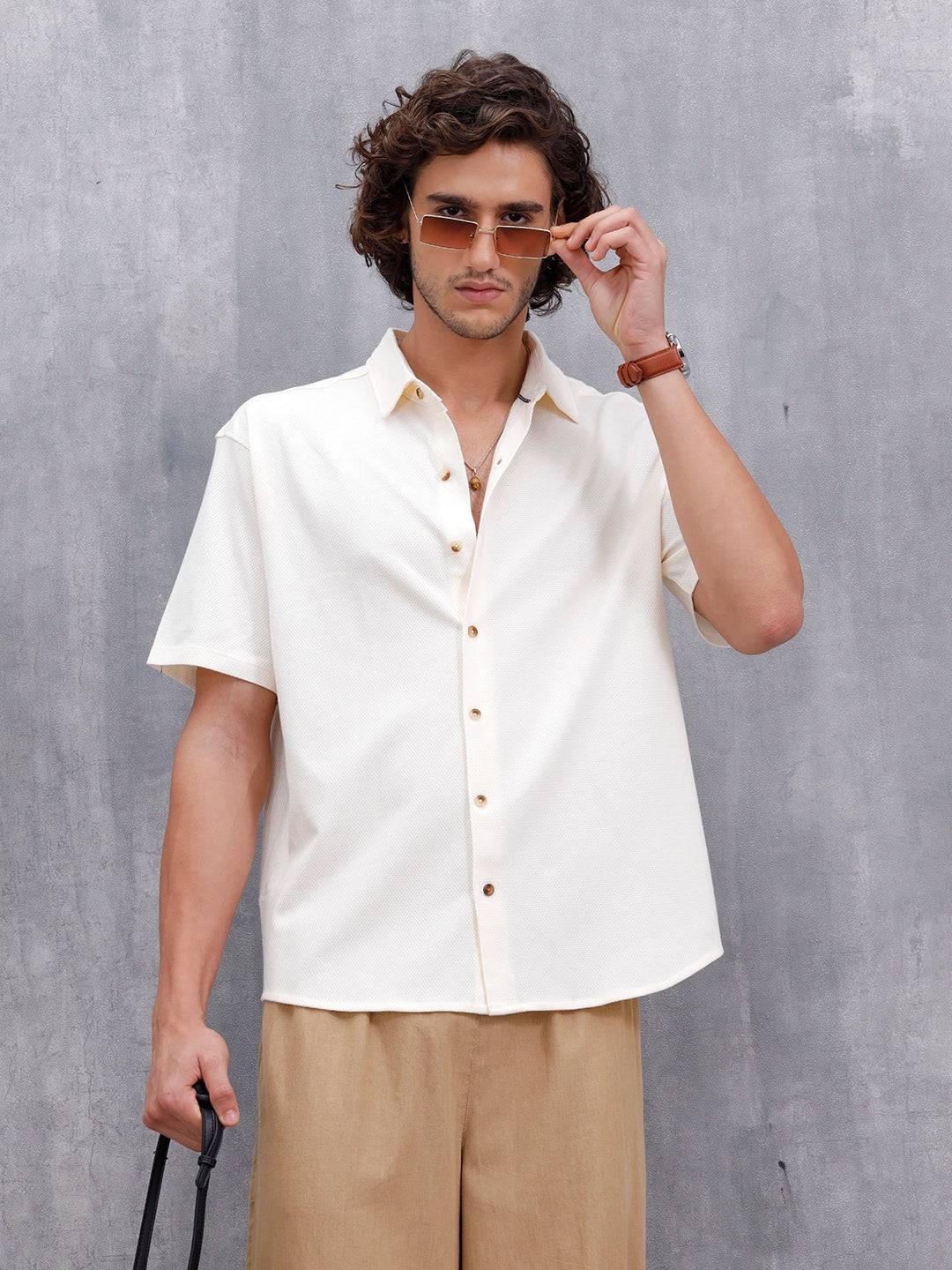 Knit Popcorn Texture Slim Fit Shirt | Off White