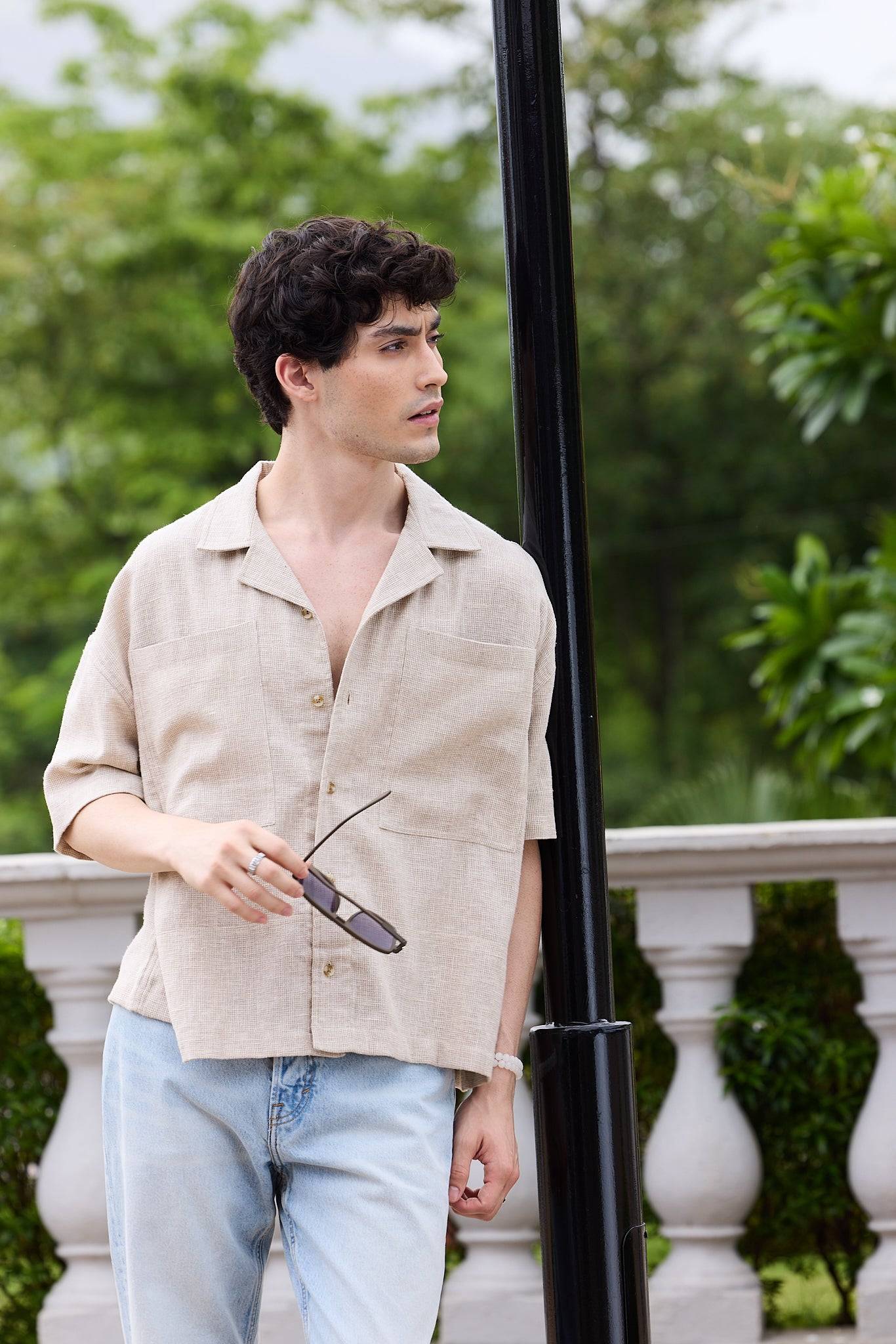 Sahara Beige Vacation Luxe Oversized Twin Pocket Crop Shirt Buy only at ₹759