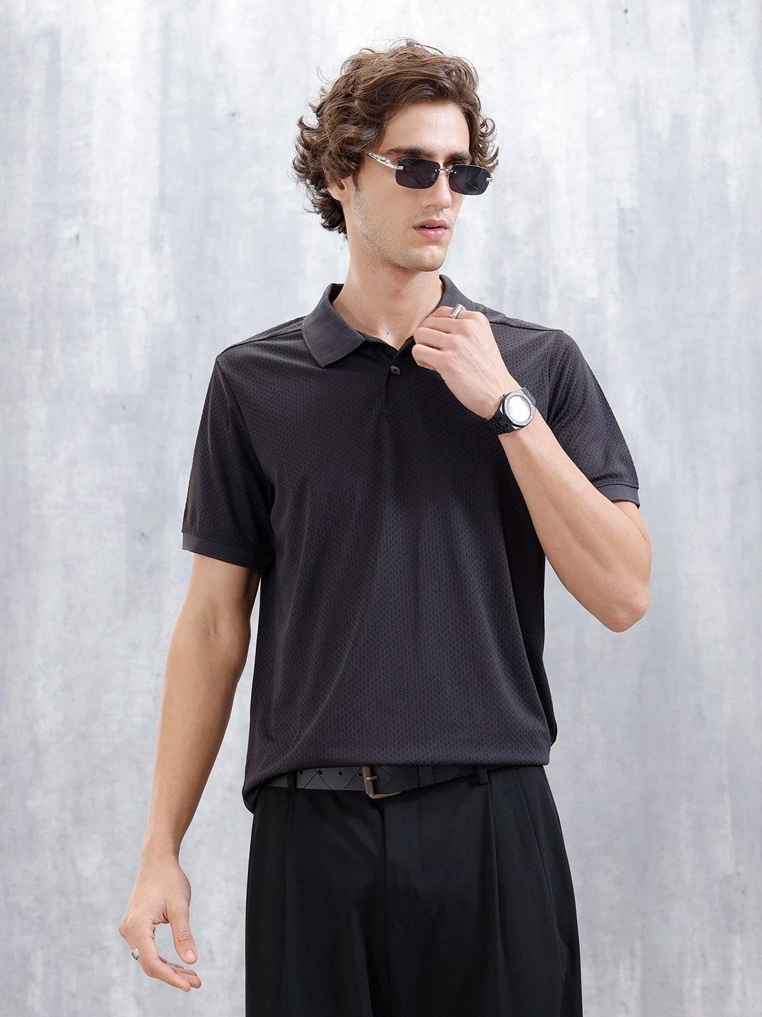Textured Men's Casual Polo T-Shirt | Black