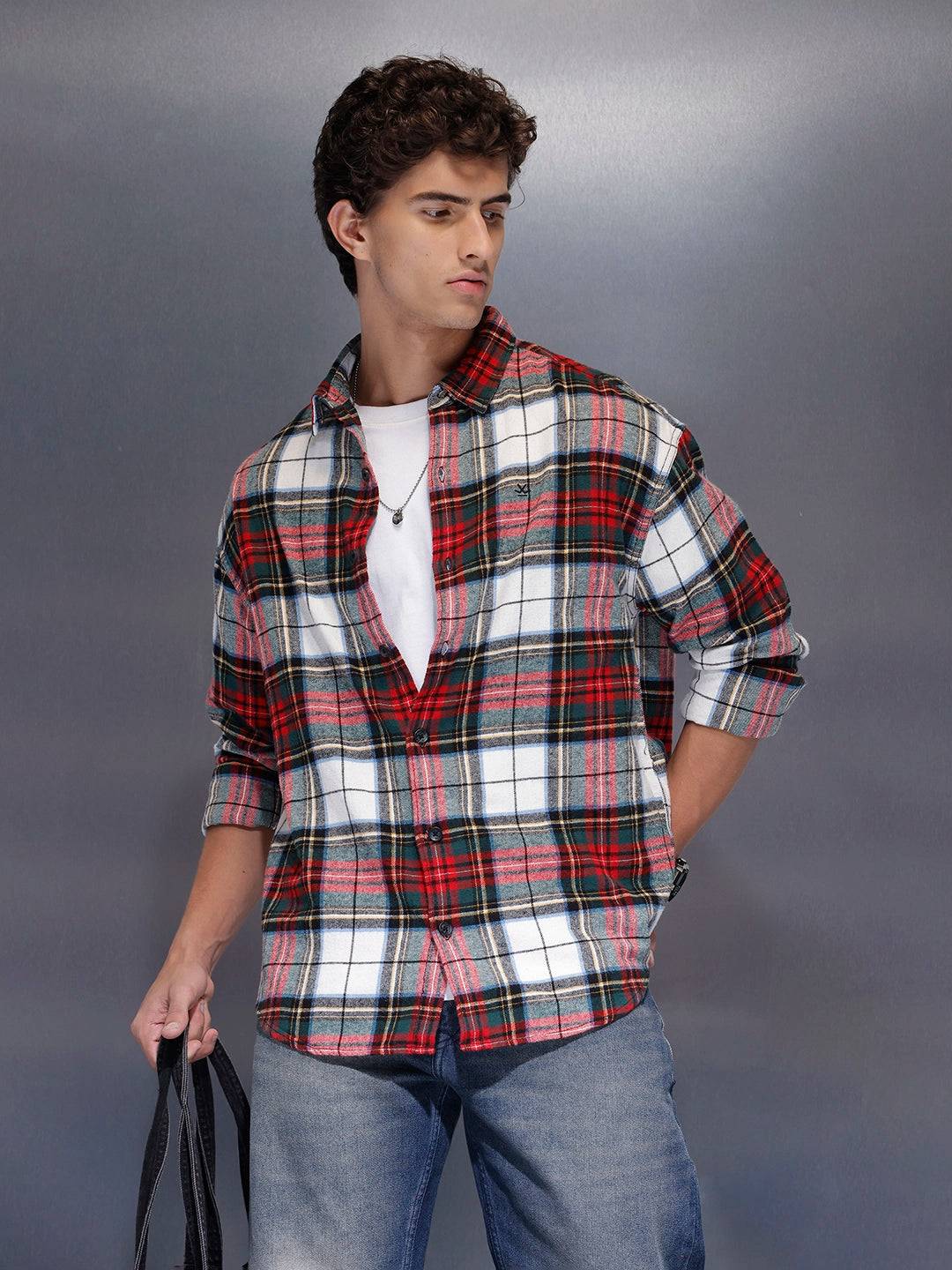 Men's Casual Oversized Checkered Shirt  |  Red