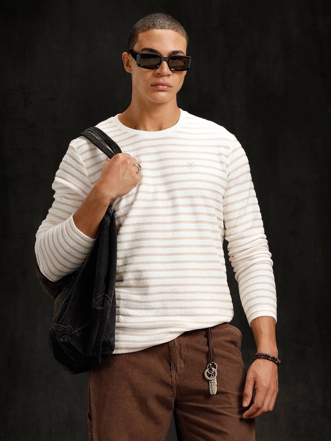 Textured Loose Knit Slim Fit T-Shirt | White