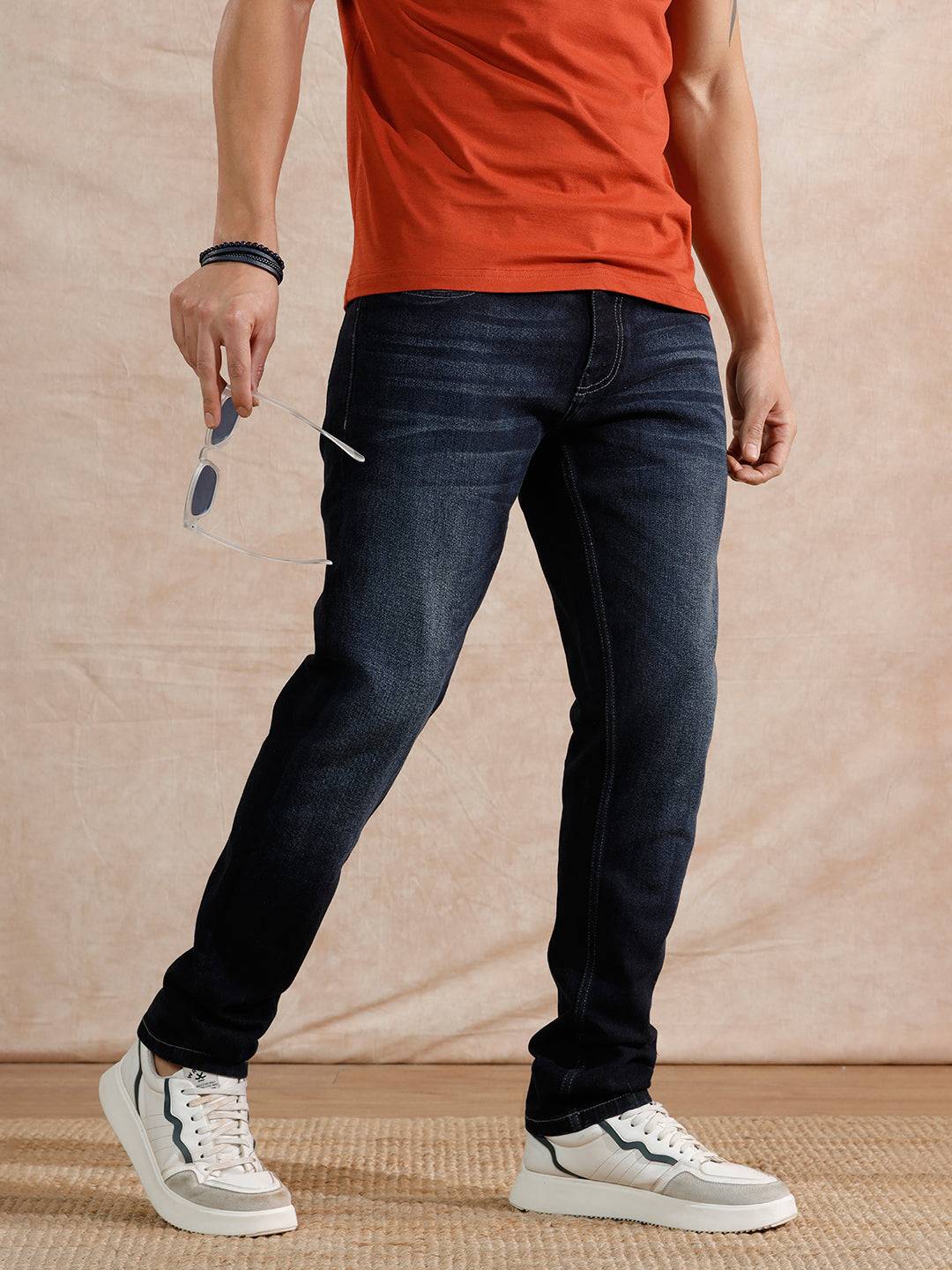 Solid Heavy Fade Slim Tapered Fit Jeans | Dark Blue