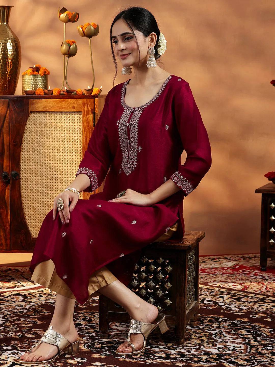 Maroon Embroidered Silk Straight Kurta Buy at only ₹2799