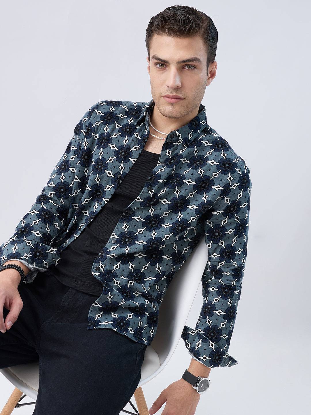 Ocean Blue Motif Bloom Corduroy Shirt Buy only at ₹899