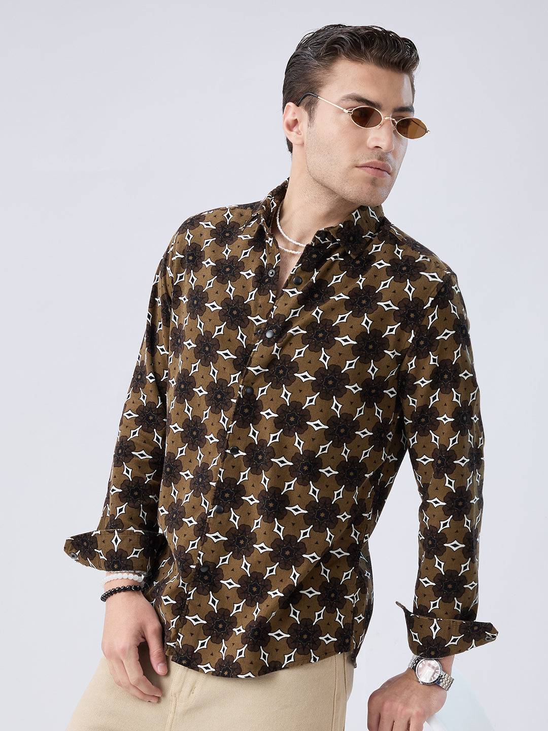 Coffee Brown Floral Bloom Corduroy Shirt Buy only at ₹859