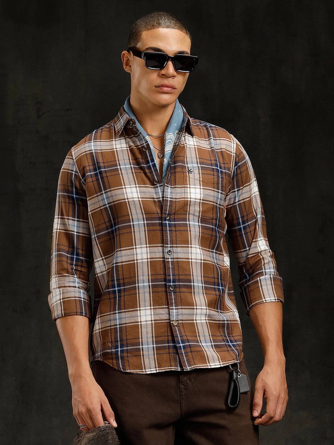Cotton Twill Checked Shirt | Brown