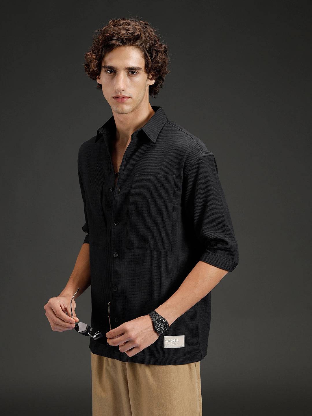 Wrogn Textured Button-Down Casual Shirt | Black