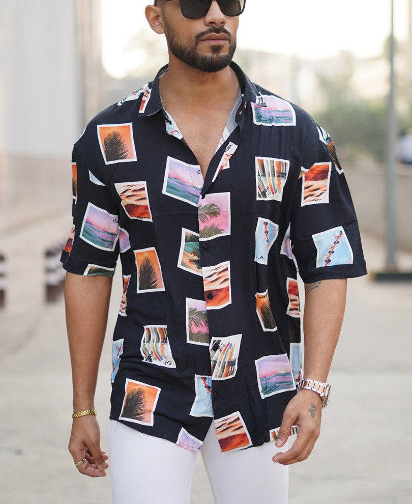 Black Beach Print Oversize Drop Shoulder Shirt Buy @ ₹499