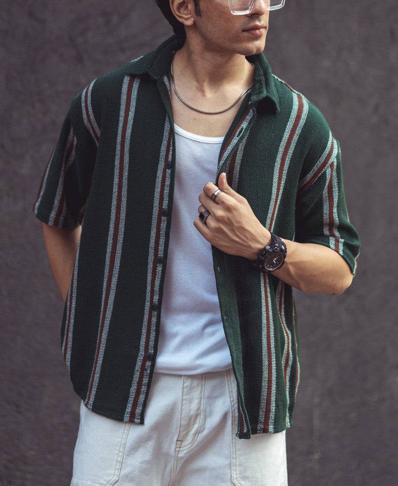 Olive Green Vertical Stripes Oversize Drop Shoulder Shirt Buy @ ₹999