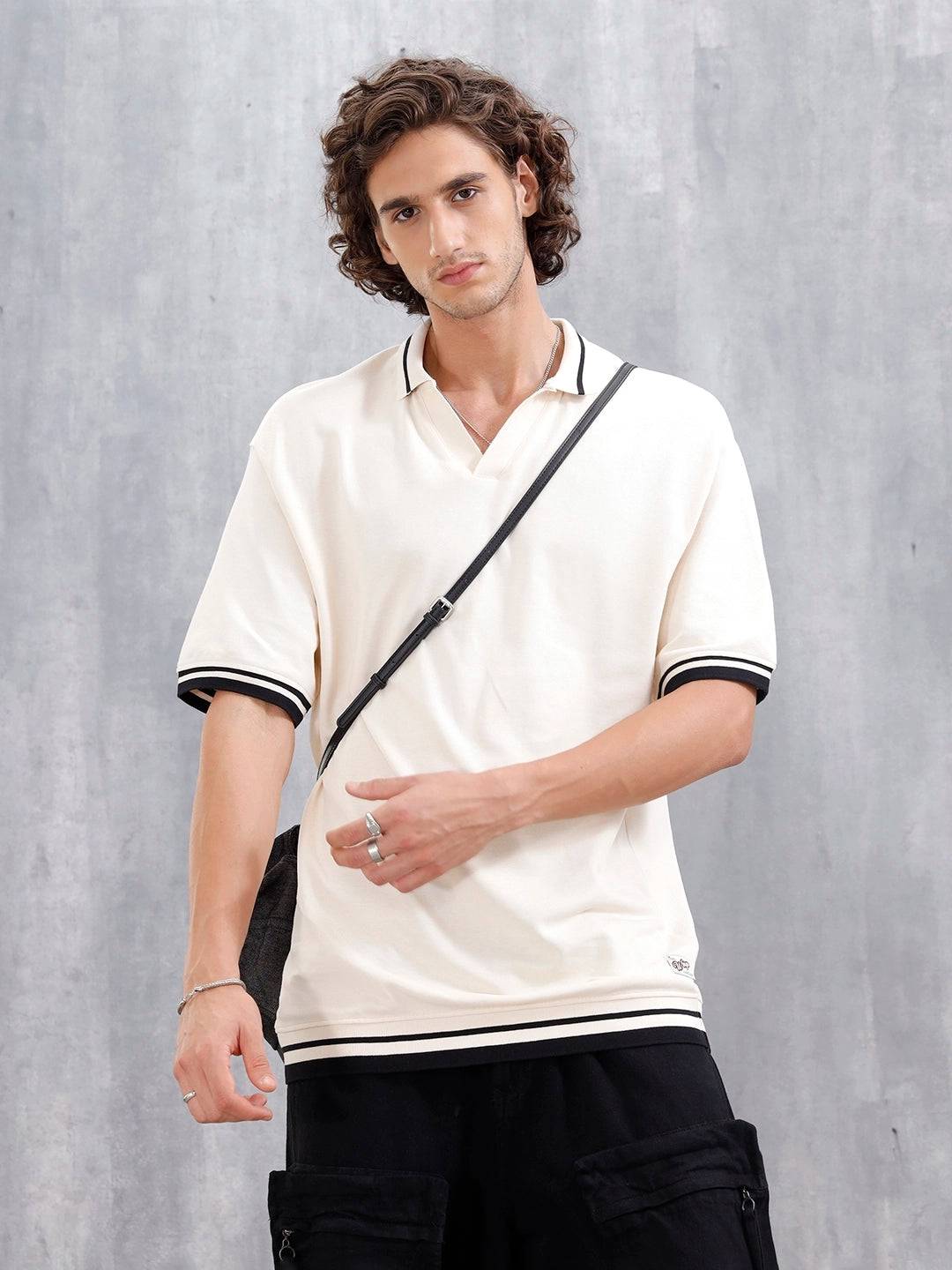 Oversized Polo T-Shirt With Contrast Trim Details | Beige