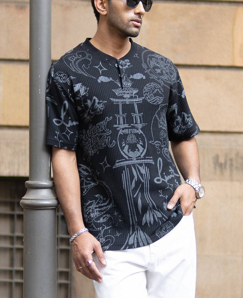 Black Japanese Print Henley T-Shirt Buy @ ₹499