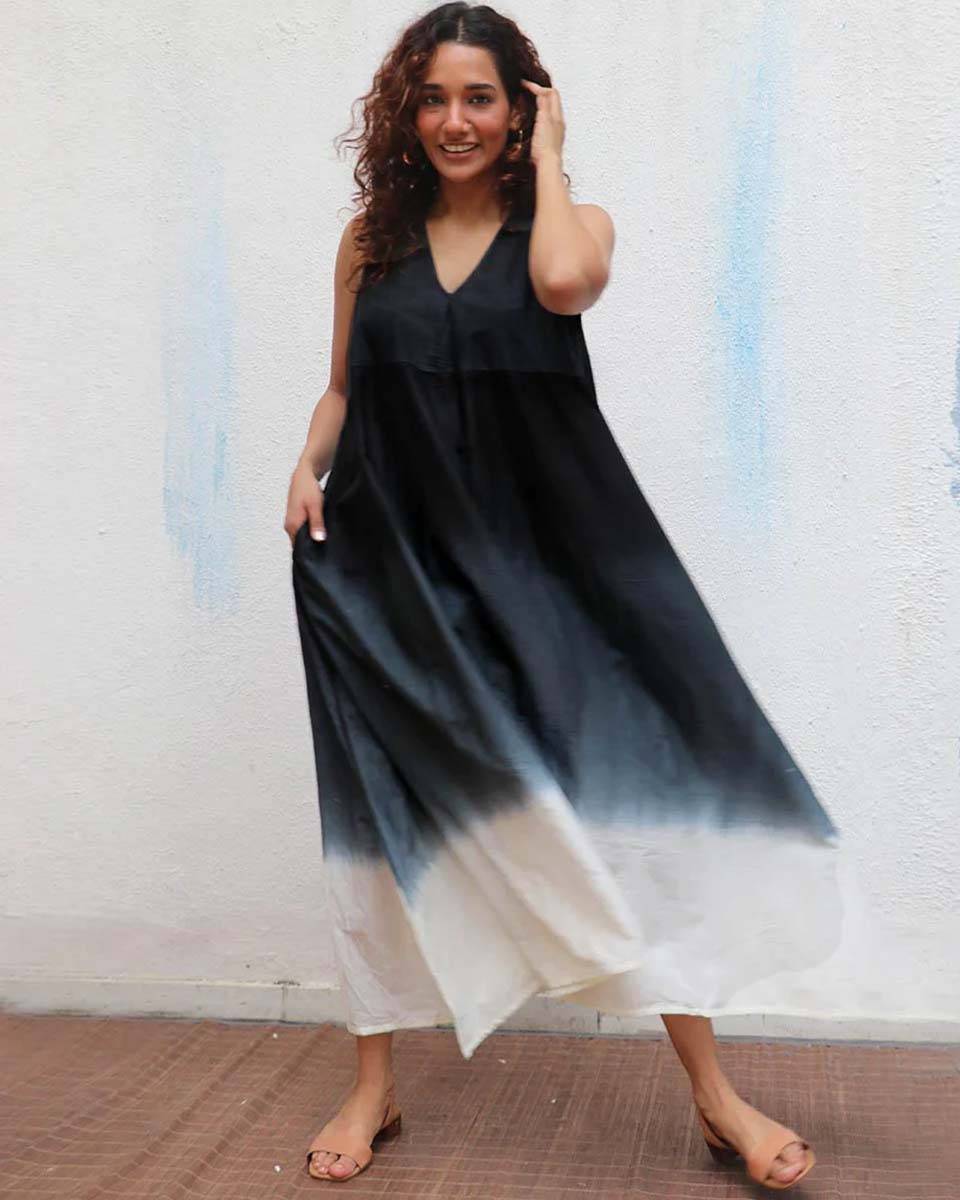 Blackberry Matcha  Handblock Printed Cotton Dress - Mono