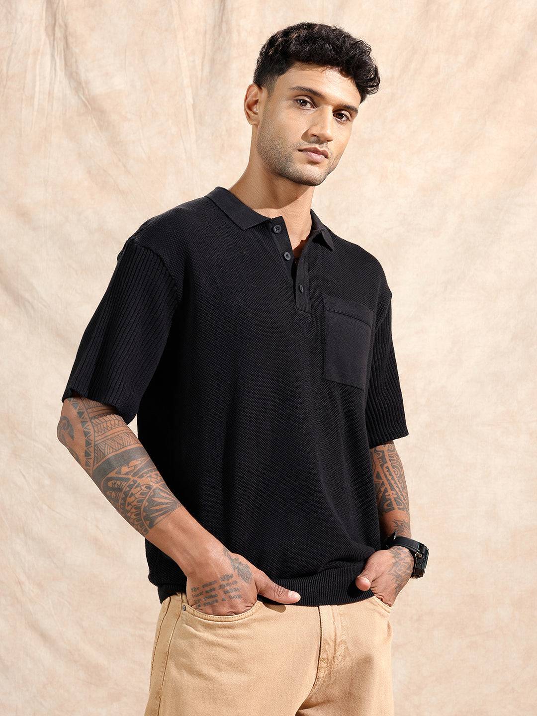 Solid Textured Flat Knit Polo T-Shirt | Black