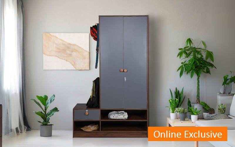 Gudsmith Sitrobe Wardrobe With Seating In Graphite Grey & Columbian Walnut Finish