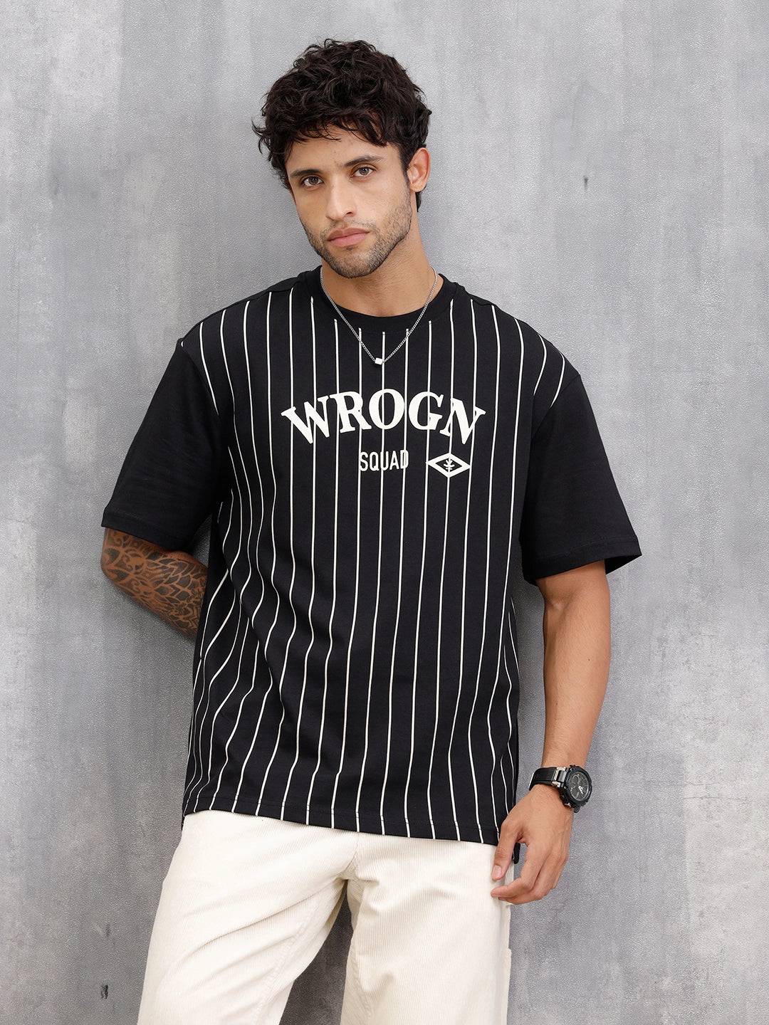 Striped Oversized Fit T-shirt With Flock Print | Black