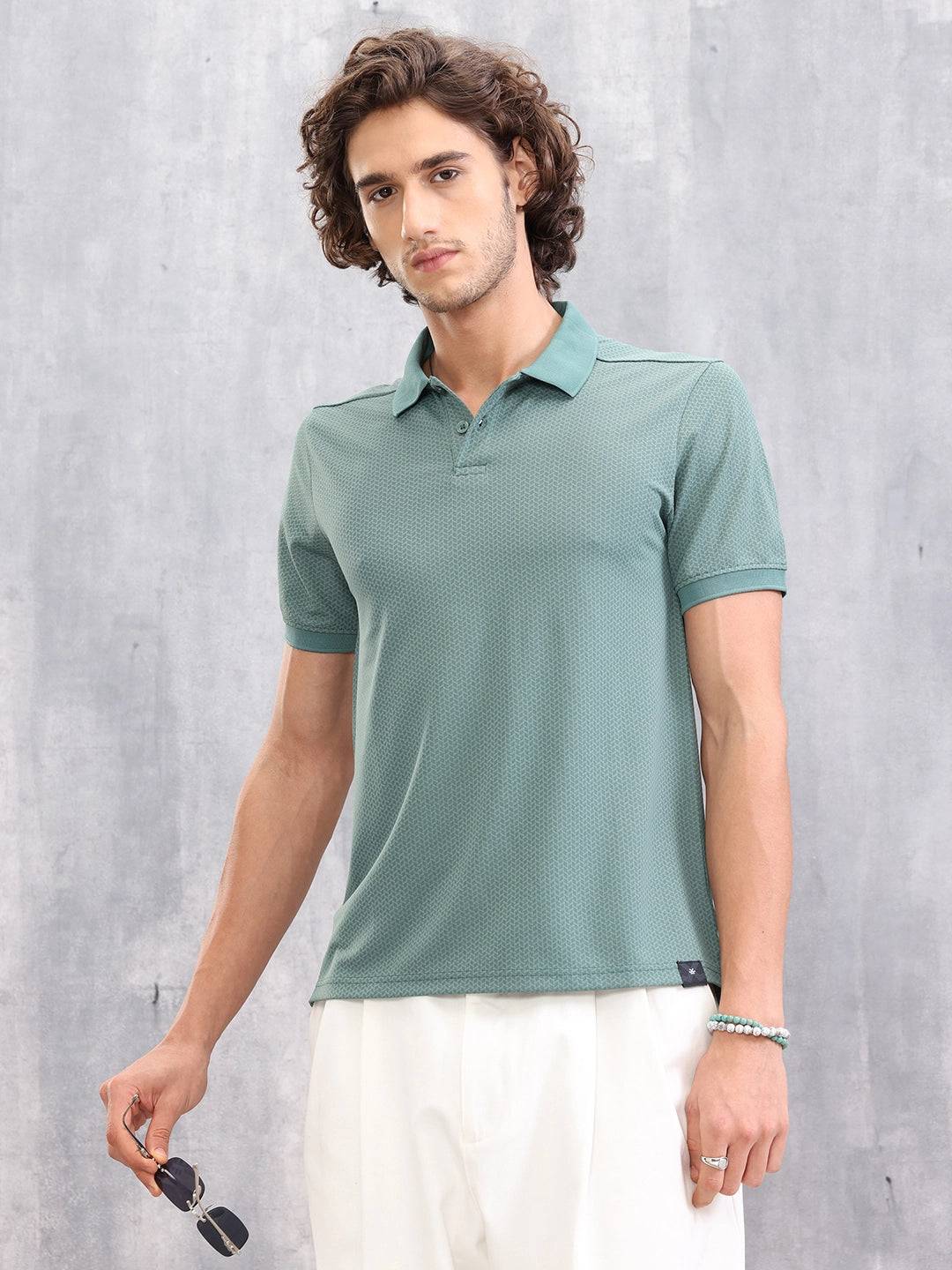 Solid Textured Slim Fit Polo T-Shirt | Green