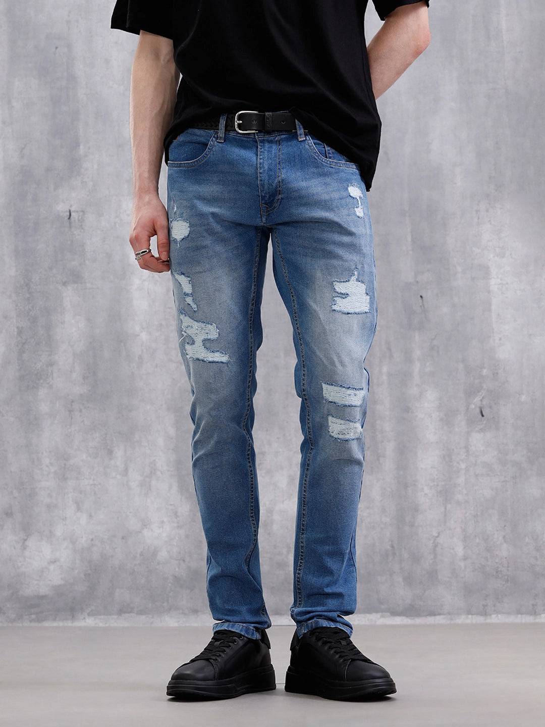Heavy Distress Slim Tapered Jeans | Blue