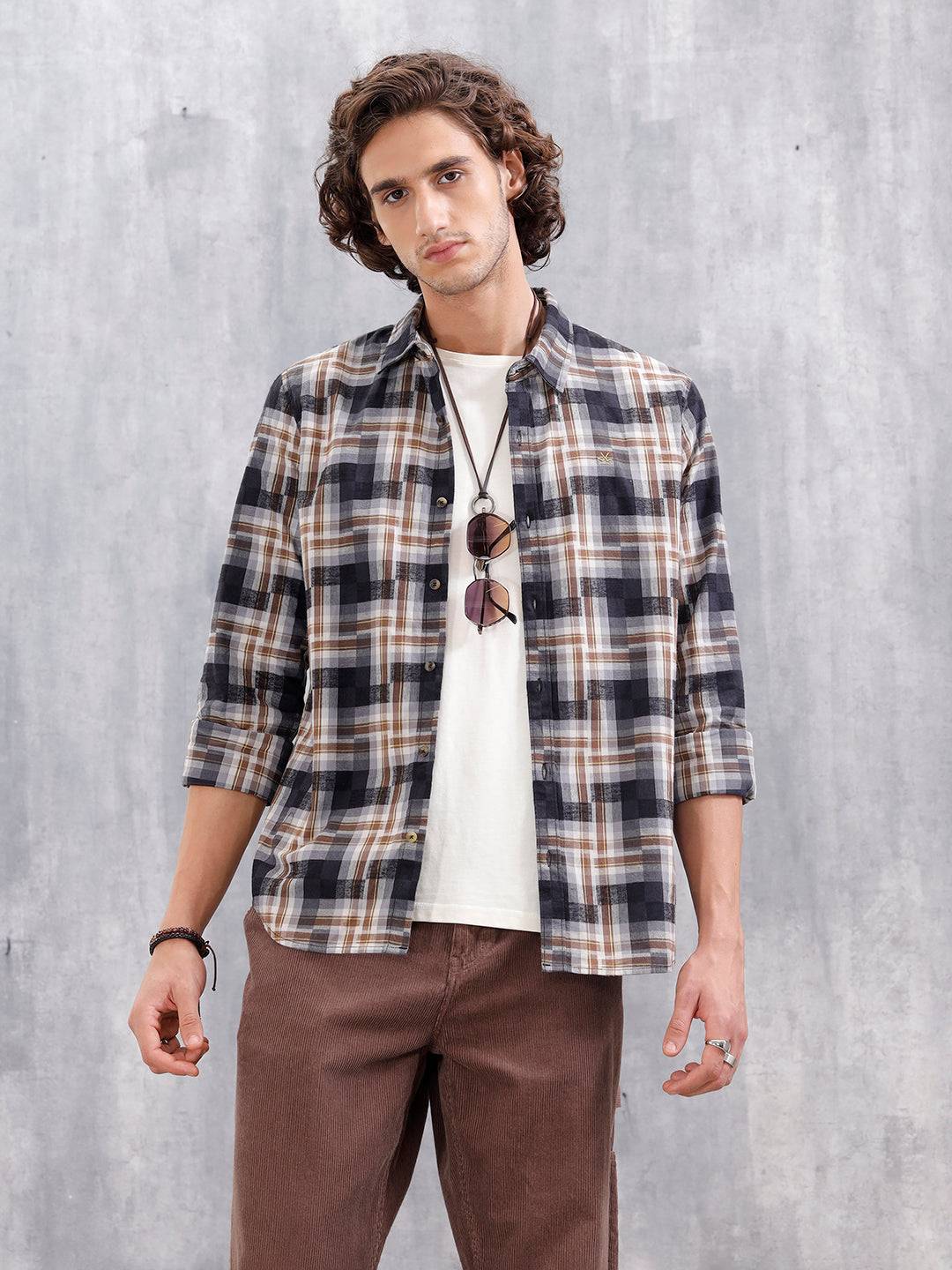 Patchwork Multi-Weave Check Slim Fit Shirt | Black