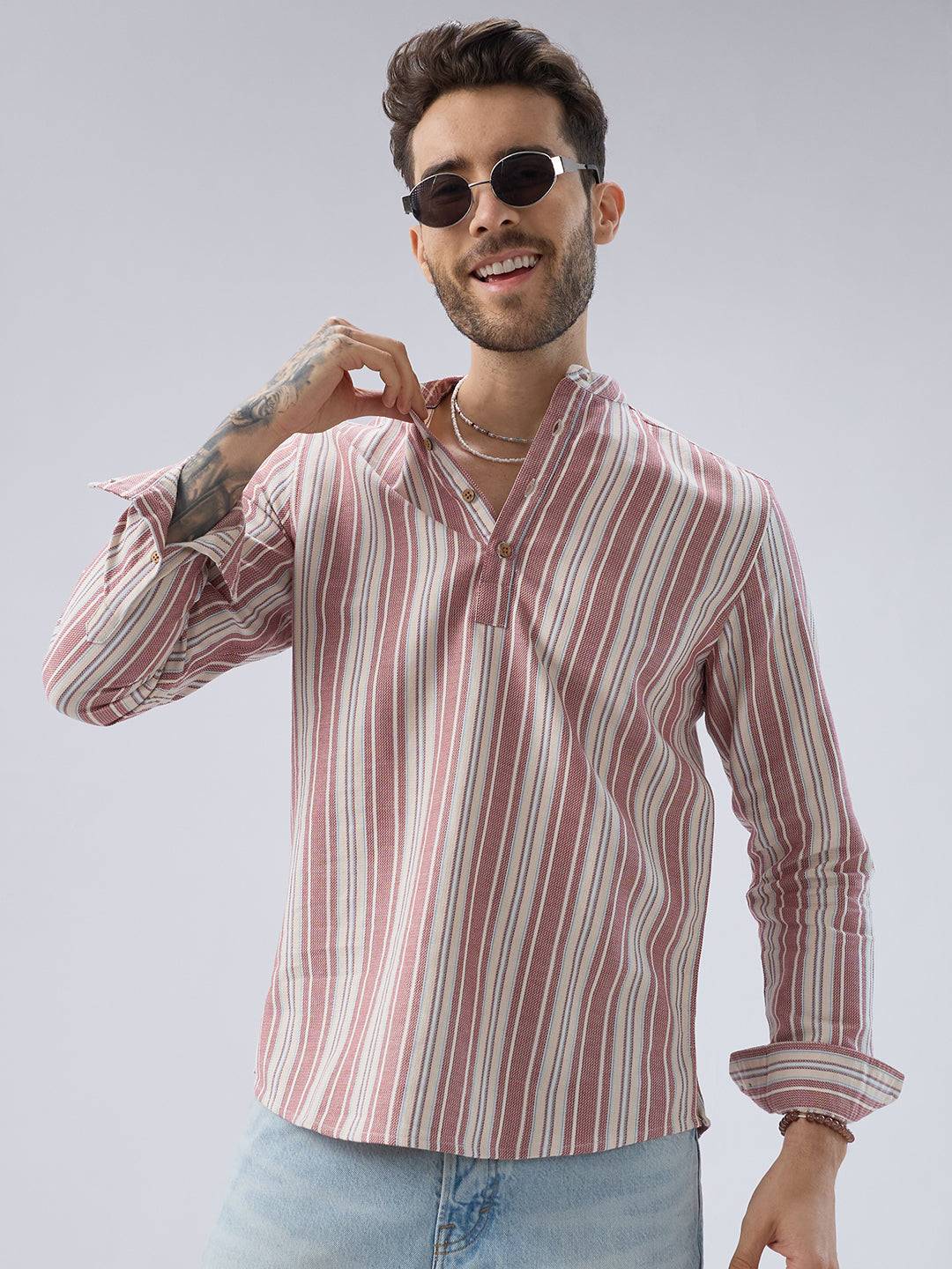 Refined Berry Red Retro Striped Kurta Buy only at ₹799