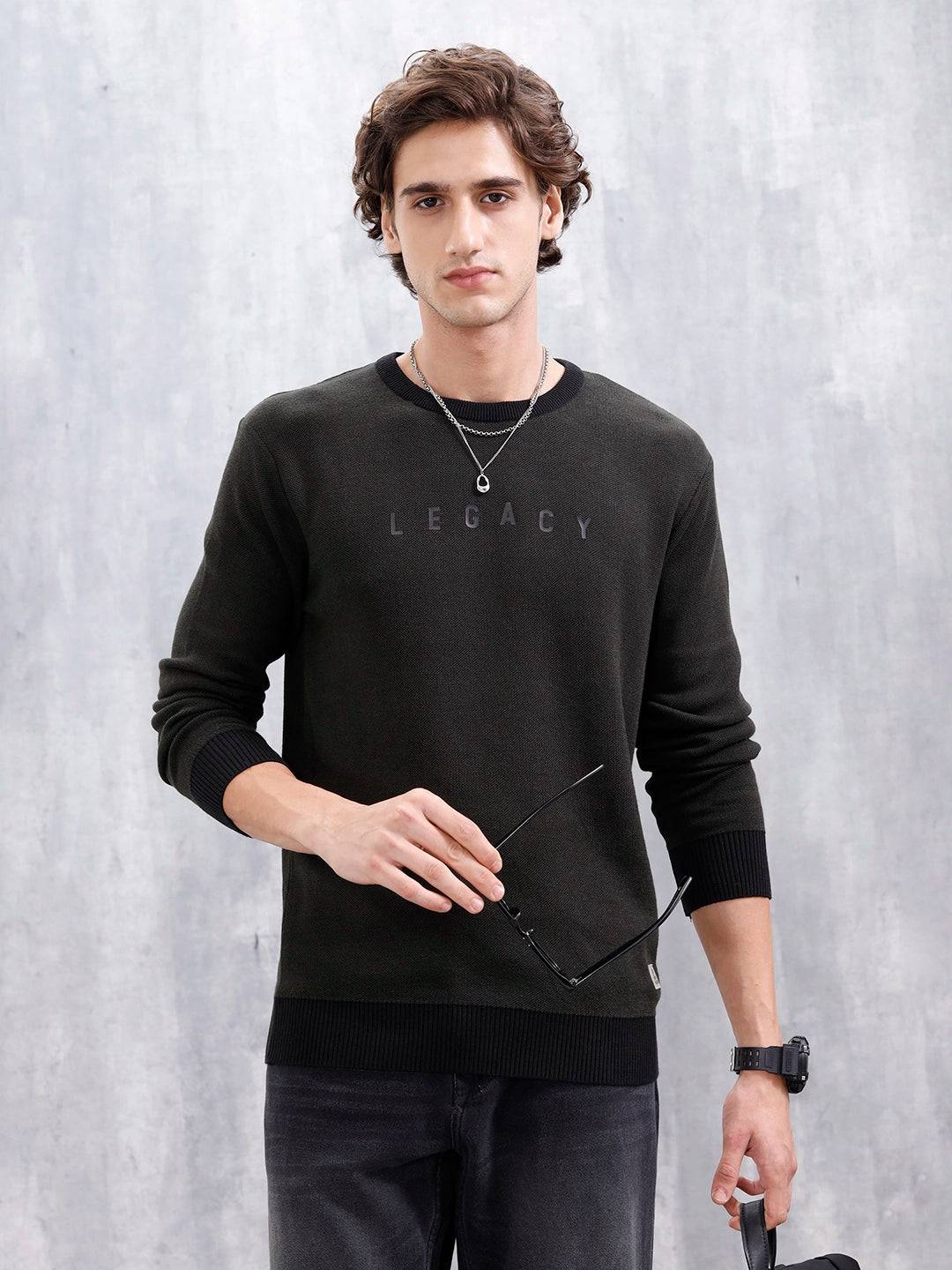 Men's Typo Printed Slim Fit Pullover | Olive