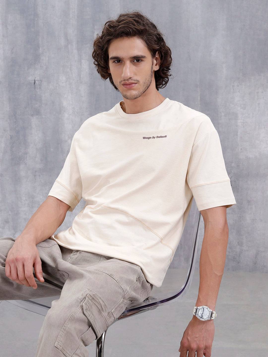 Casual Men Oversized Fit Tee With Flat Lock Detail | Beige
