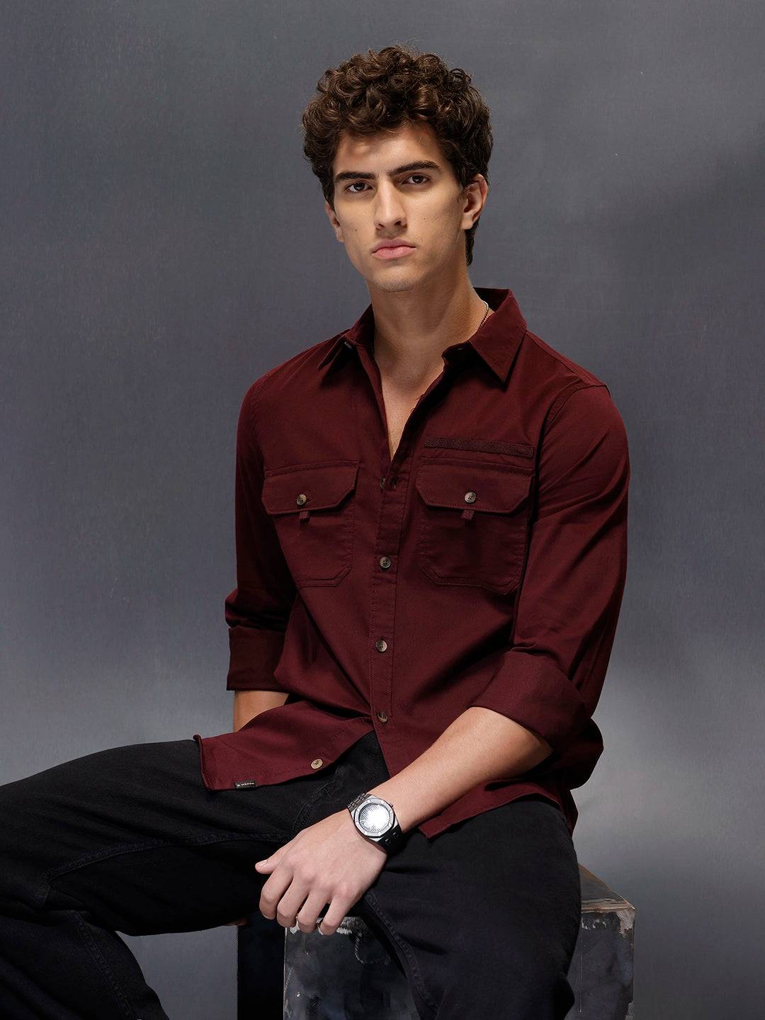 Men's Slim Fit Casual Shirt with Double Pocket  |  Wine