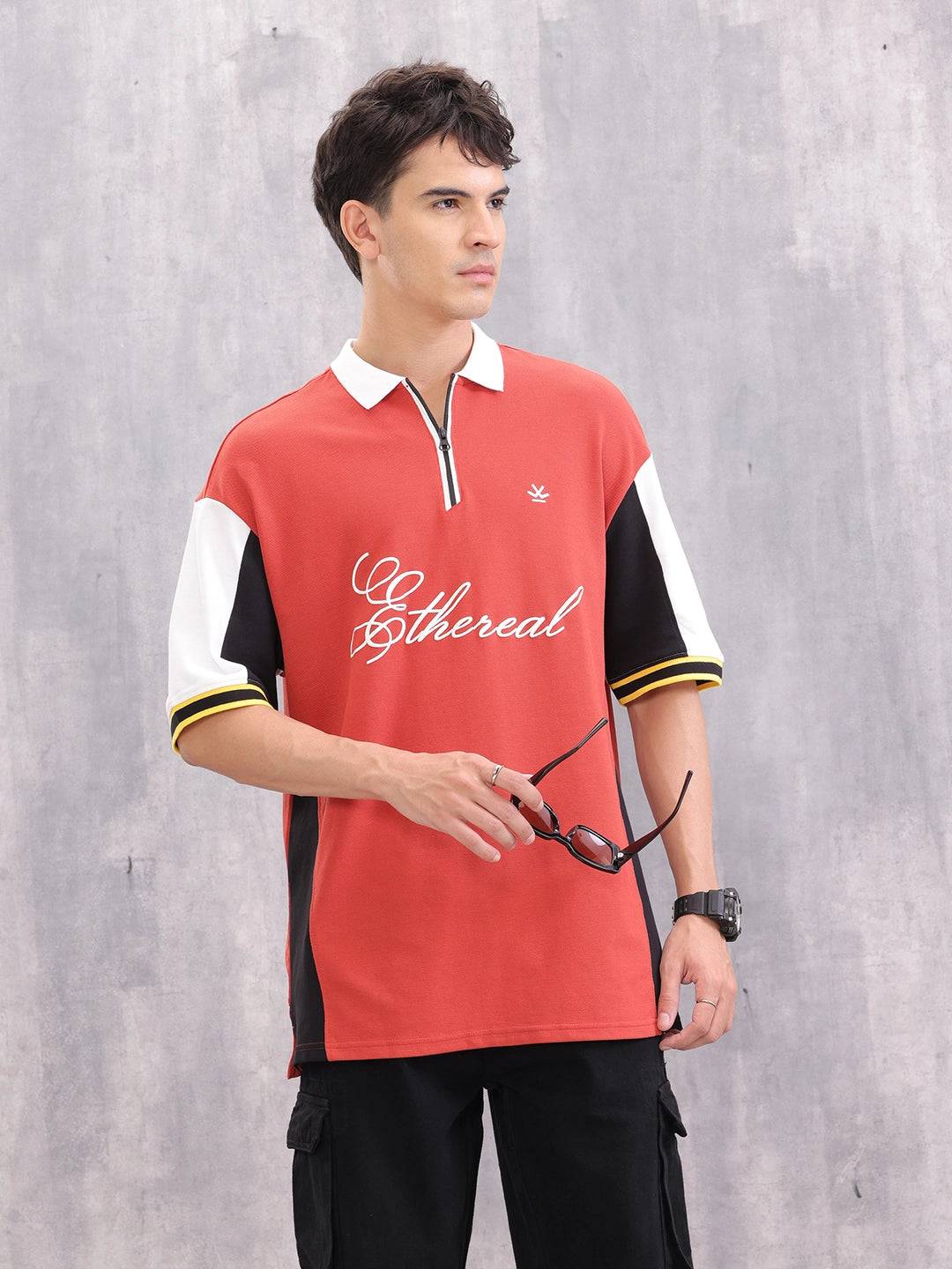 Retro Inspired Color Block Front Zip Polo I Rust