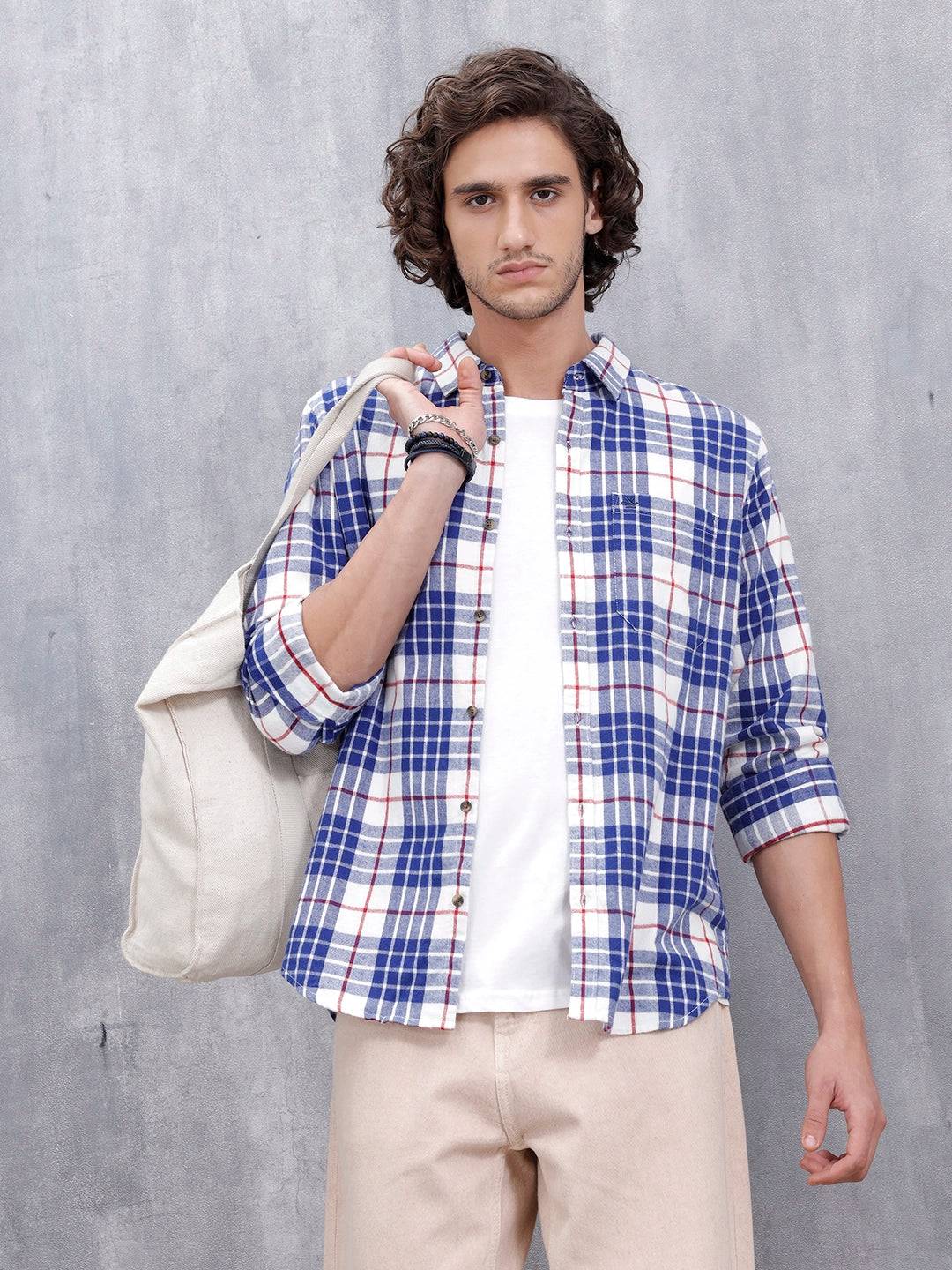 Men's Casual Checkered Pattern Regular Fit Shirt | Navy Blue