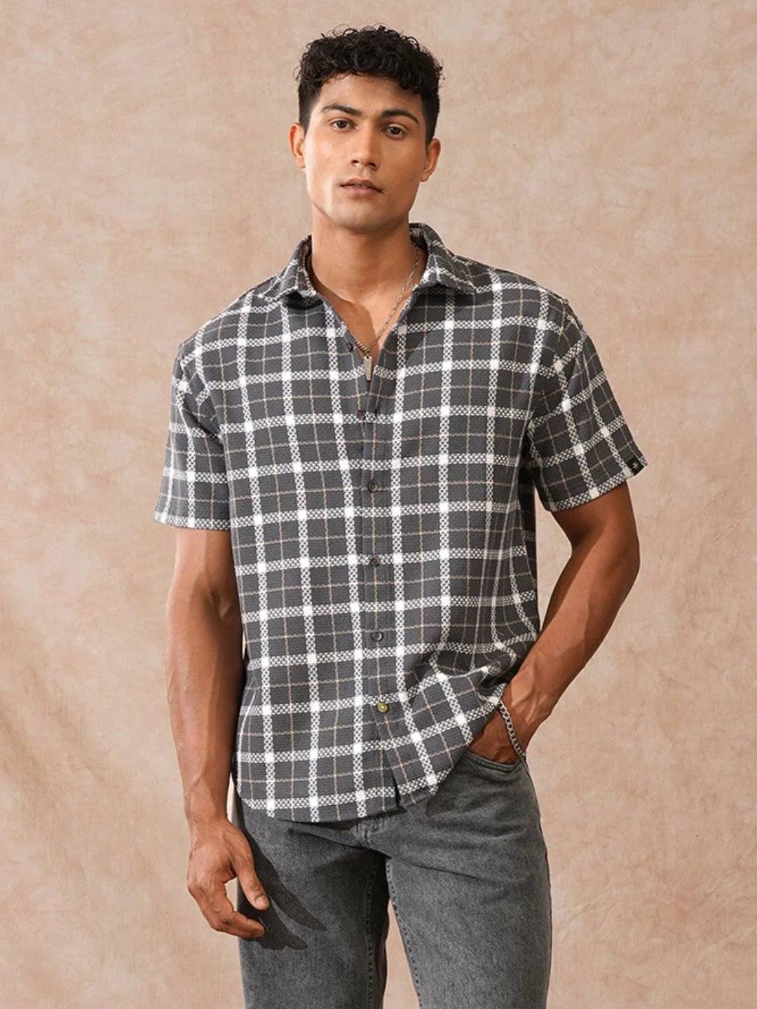 Textured Checks Dobby Shirt | Grey