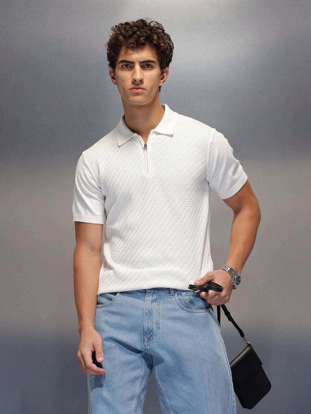 Men's Textured Zip- Up Polo T-Shirt  |  White
