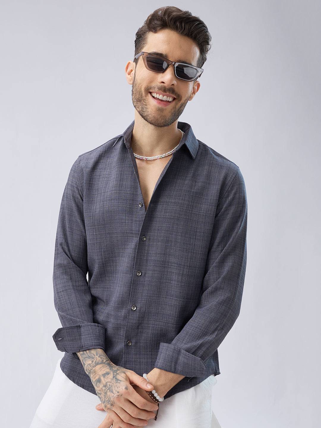 Pebble Grey Slub Textured Shirt Buy only at ₹659