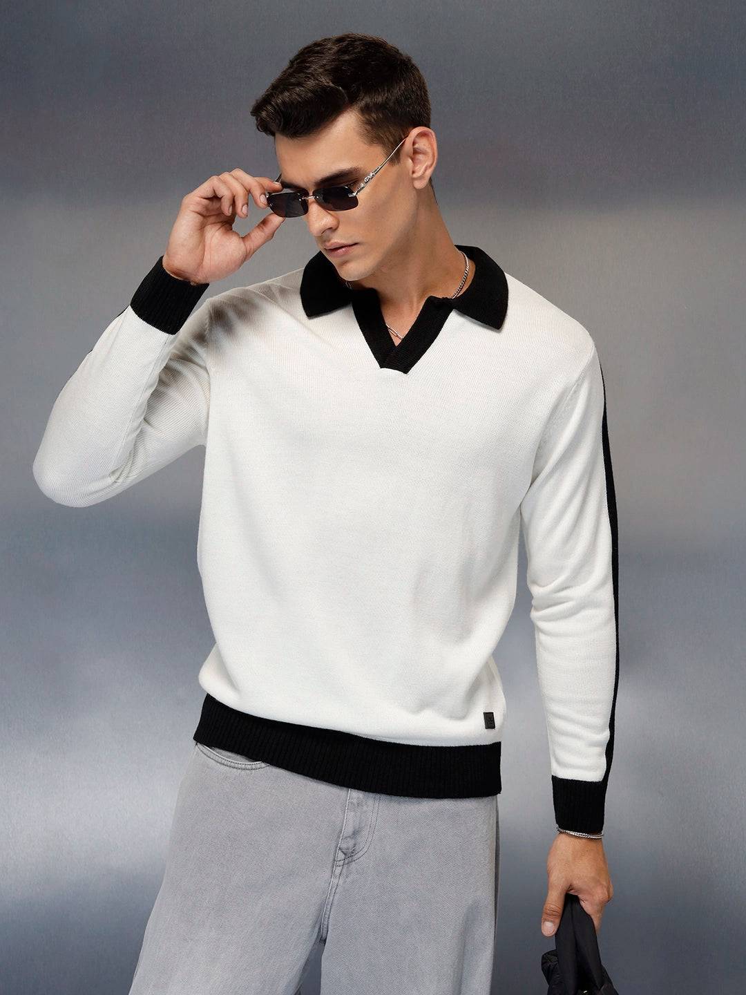 Textured Knit Sweater with Contrast Trim | White