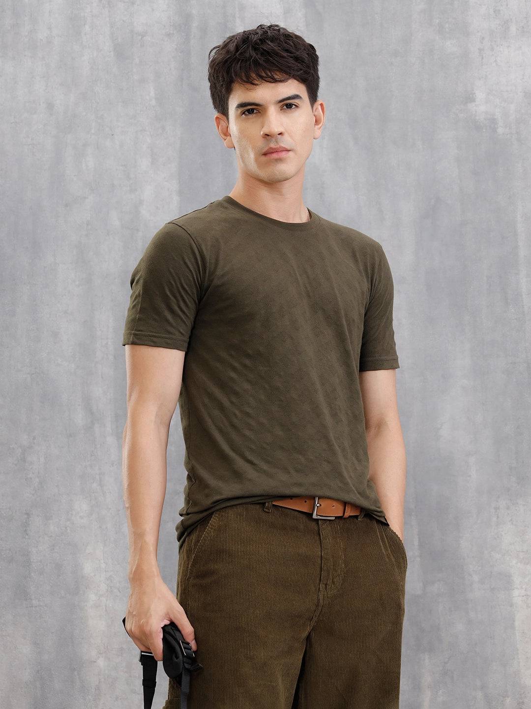 Geometric Jacquard Slim Fit Cotton Blend T-Shirt  |  Olive
