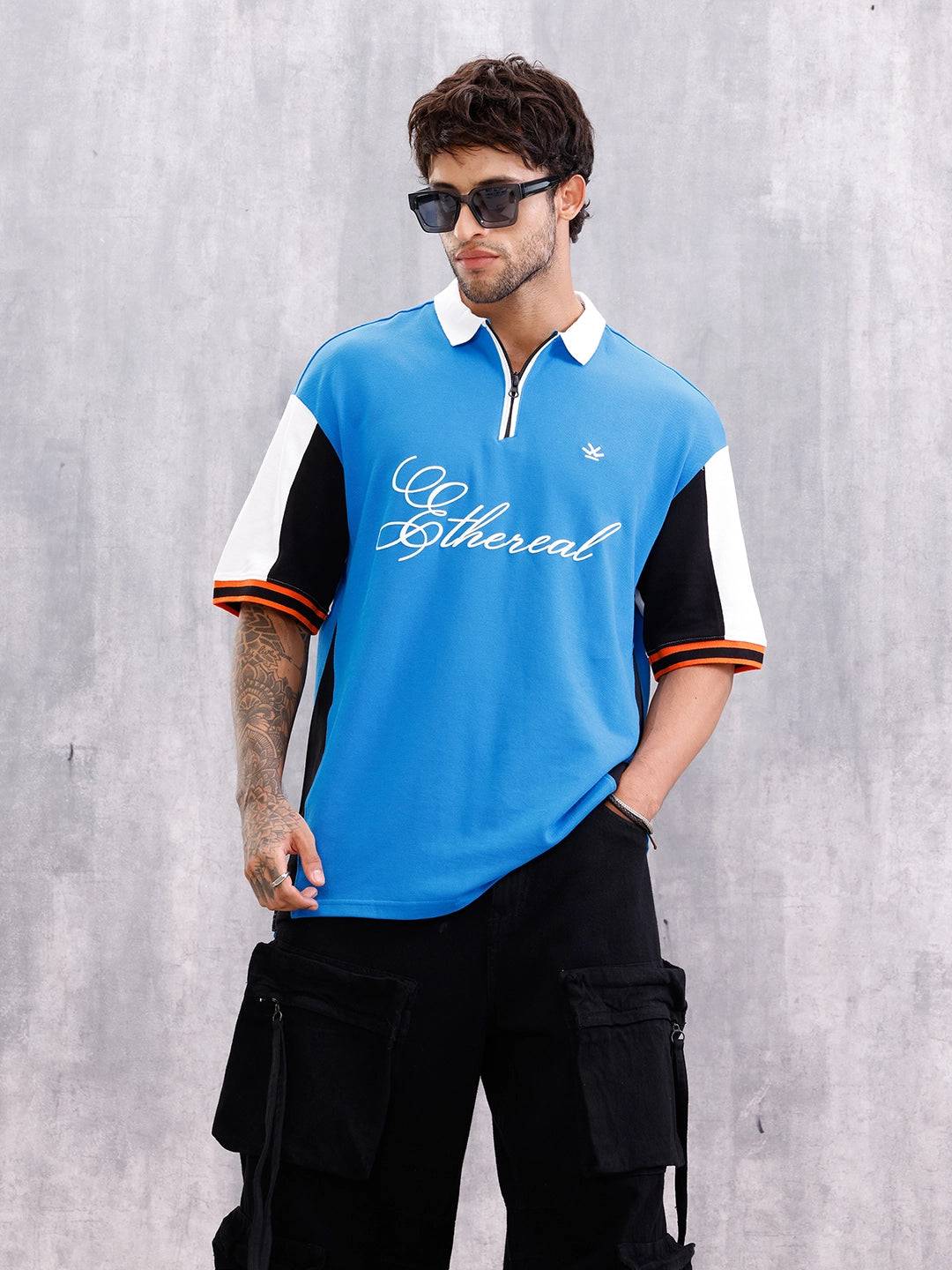 Retro Inspired Color Block Front Zip Polo I Blue