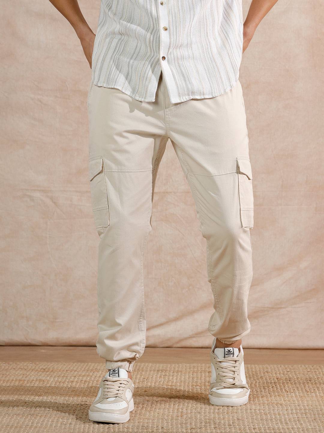 Solid Cotton Blend Jogger | Beige