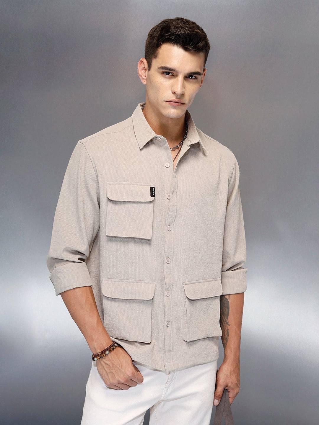 Men's Casual Comfort Fit Utility Pockets Shirt | Beige