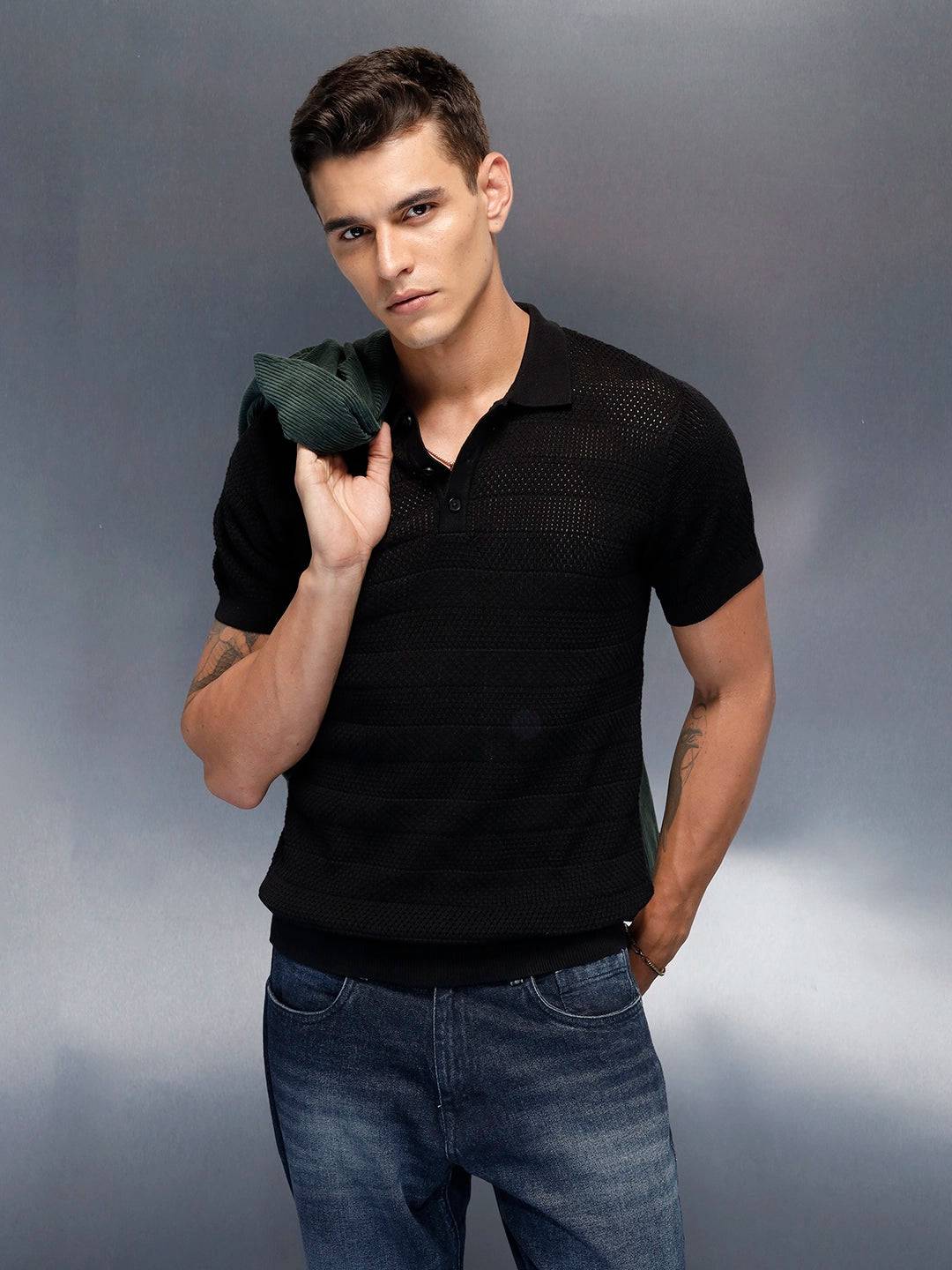 Textured Knit slim fit Polo T-shirt | Black