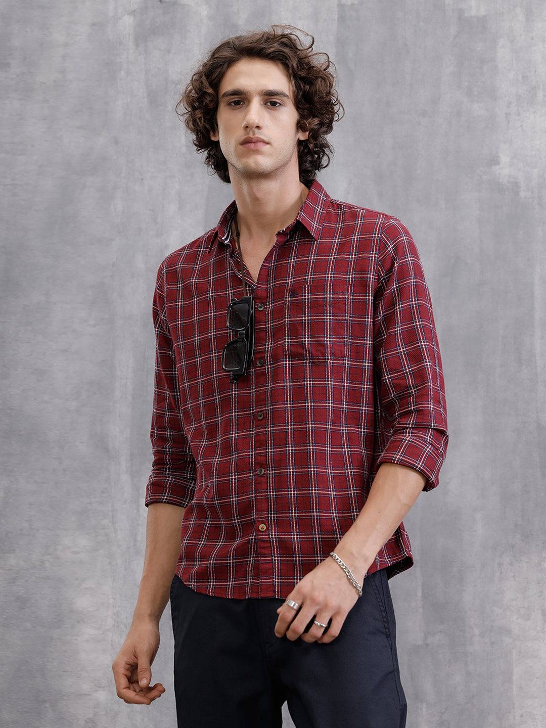 Textured Cotton Dobby Check Shirt | Red