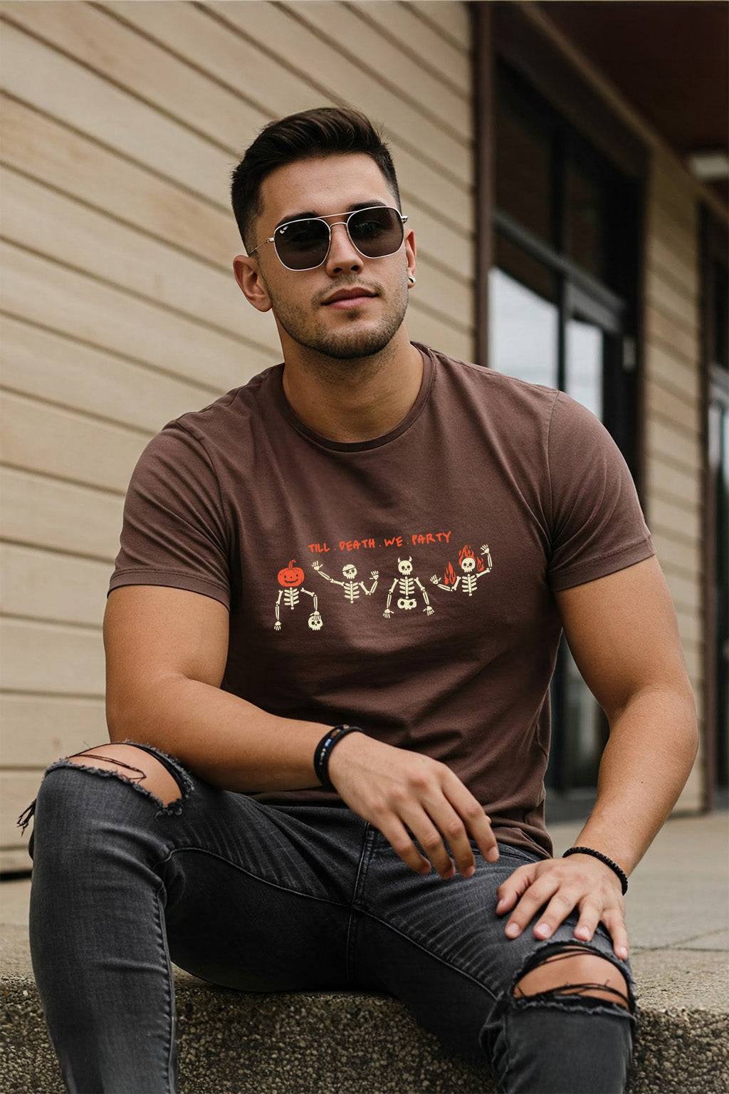Till Death Brown Regular Fit Printed T-shirt