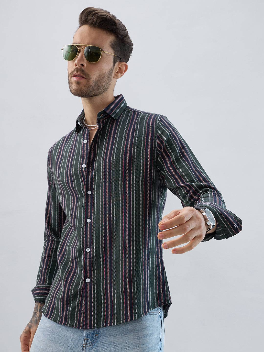Premium Cotton Olive & Navy Balanced Striped Shirt Buy only at ₹799