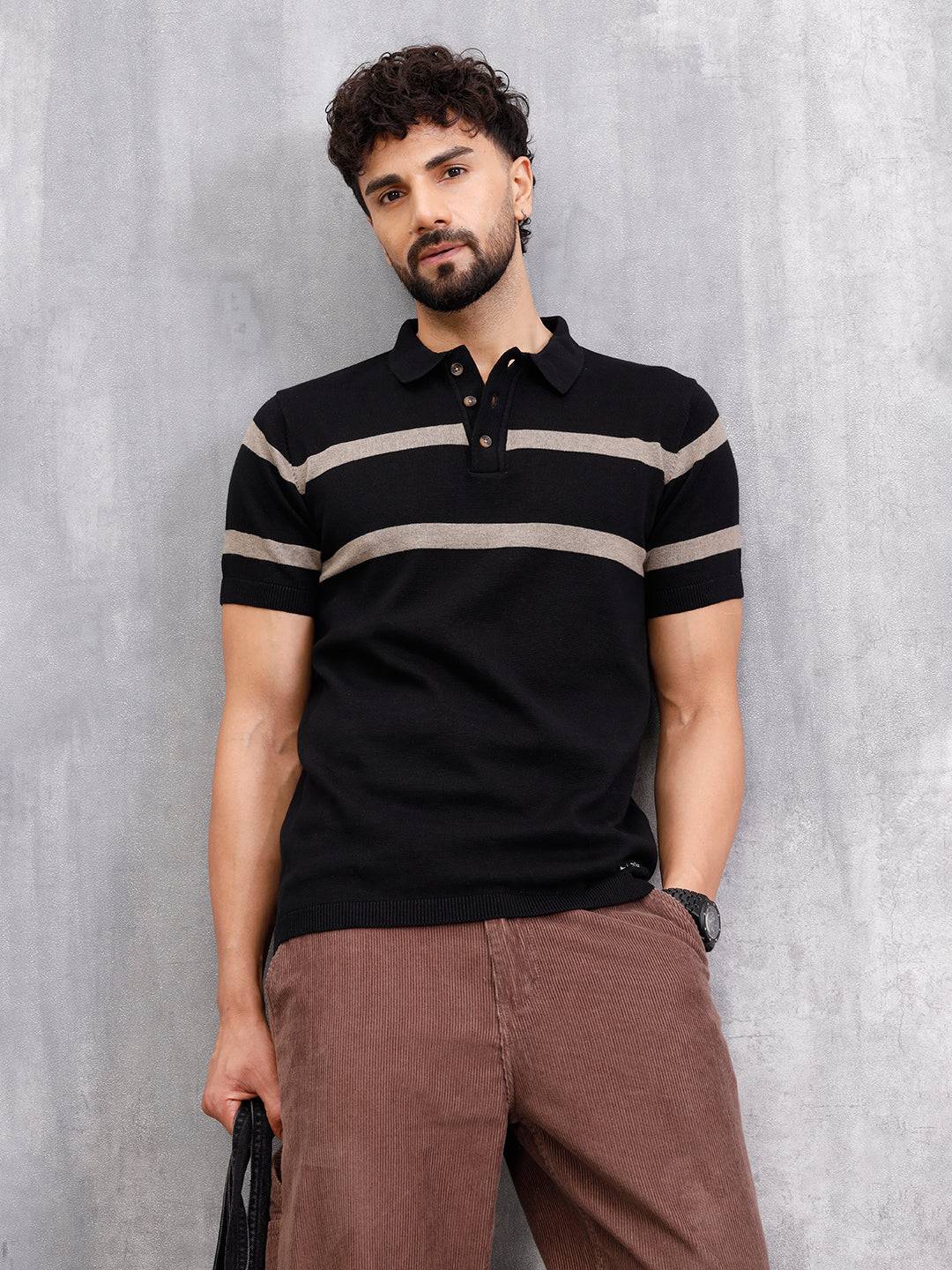 Flat Knit Striped Pattern Polo T-Shirt | Black