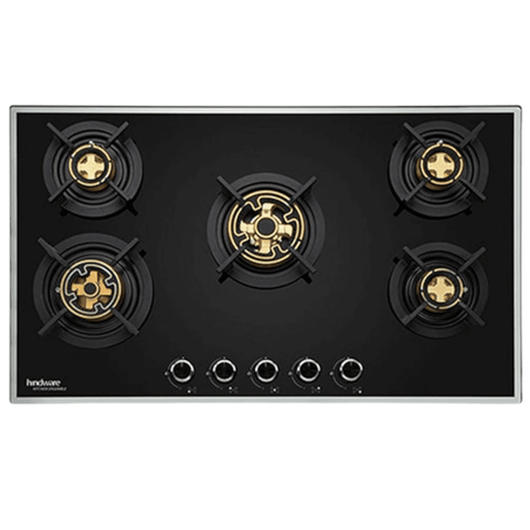 Hindware Hob, CAMELIA 5B 86 CM, 5 Burner 86 cm Auto Ignition Glass Top Brass Burner 1 Medium +1 High Flame + 3 Small Gas Stove (Black) Buy at only ₹33399