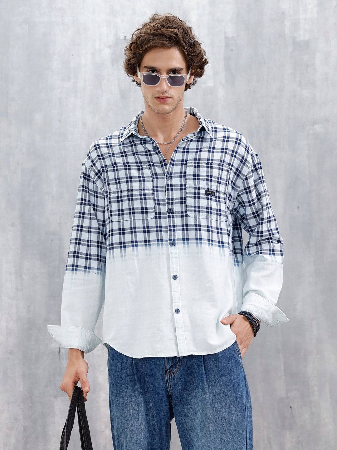 Men's Casual Oversized Fit Checkered Pattern Shirt | White