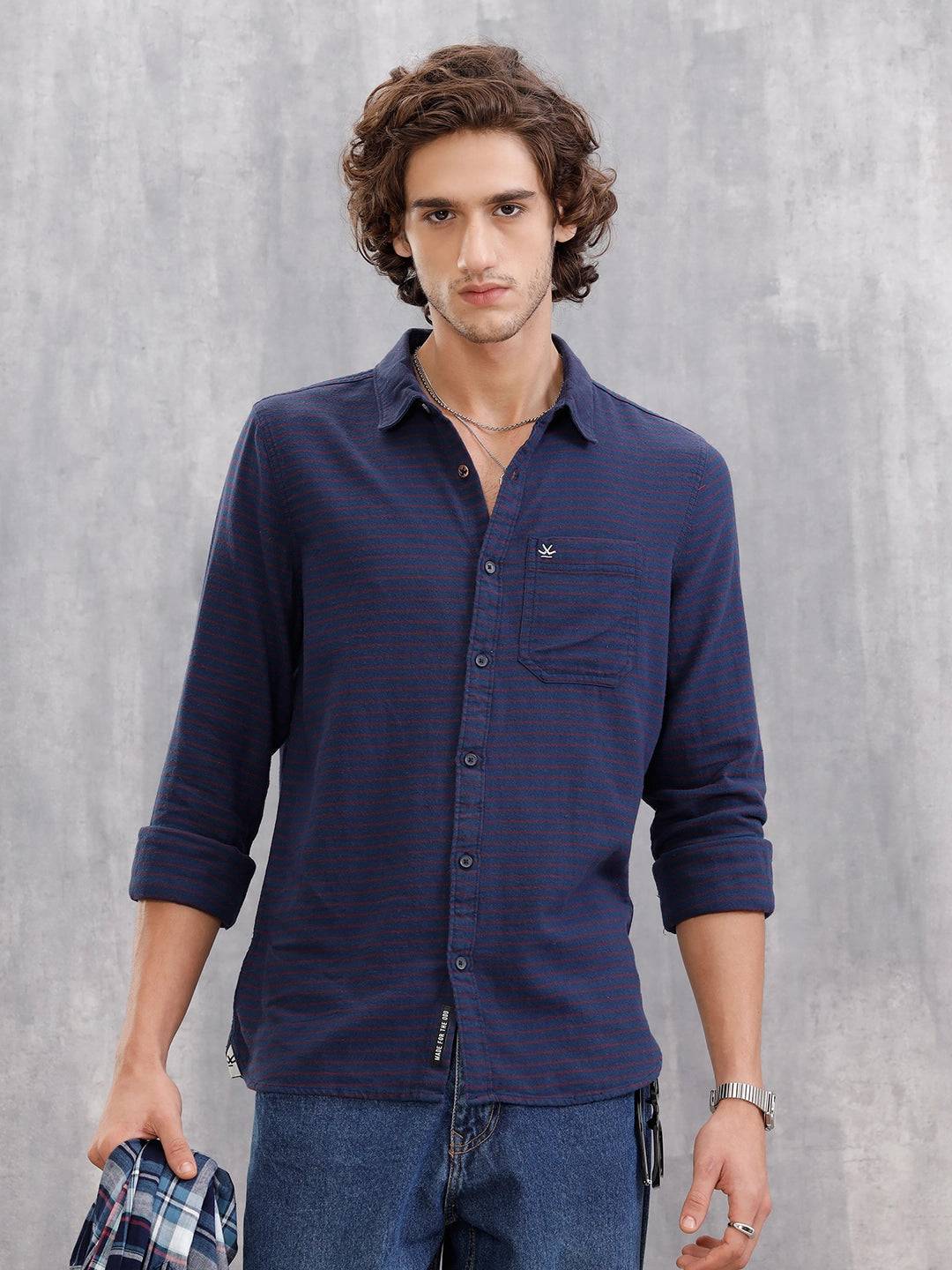 100%Cotton Striped Regualr Fit Shirt | Navy Blue
