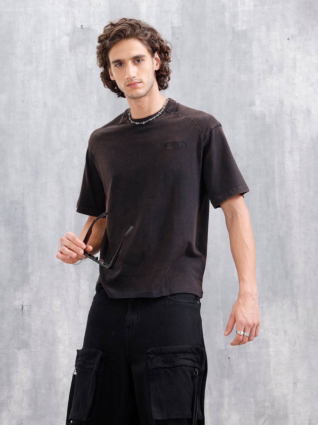 Washed Oversized Crew Neck T-shirt With Embroidery | Black