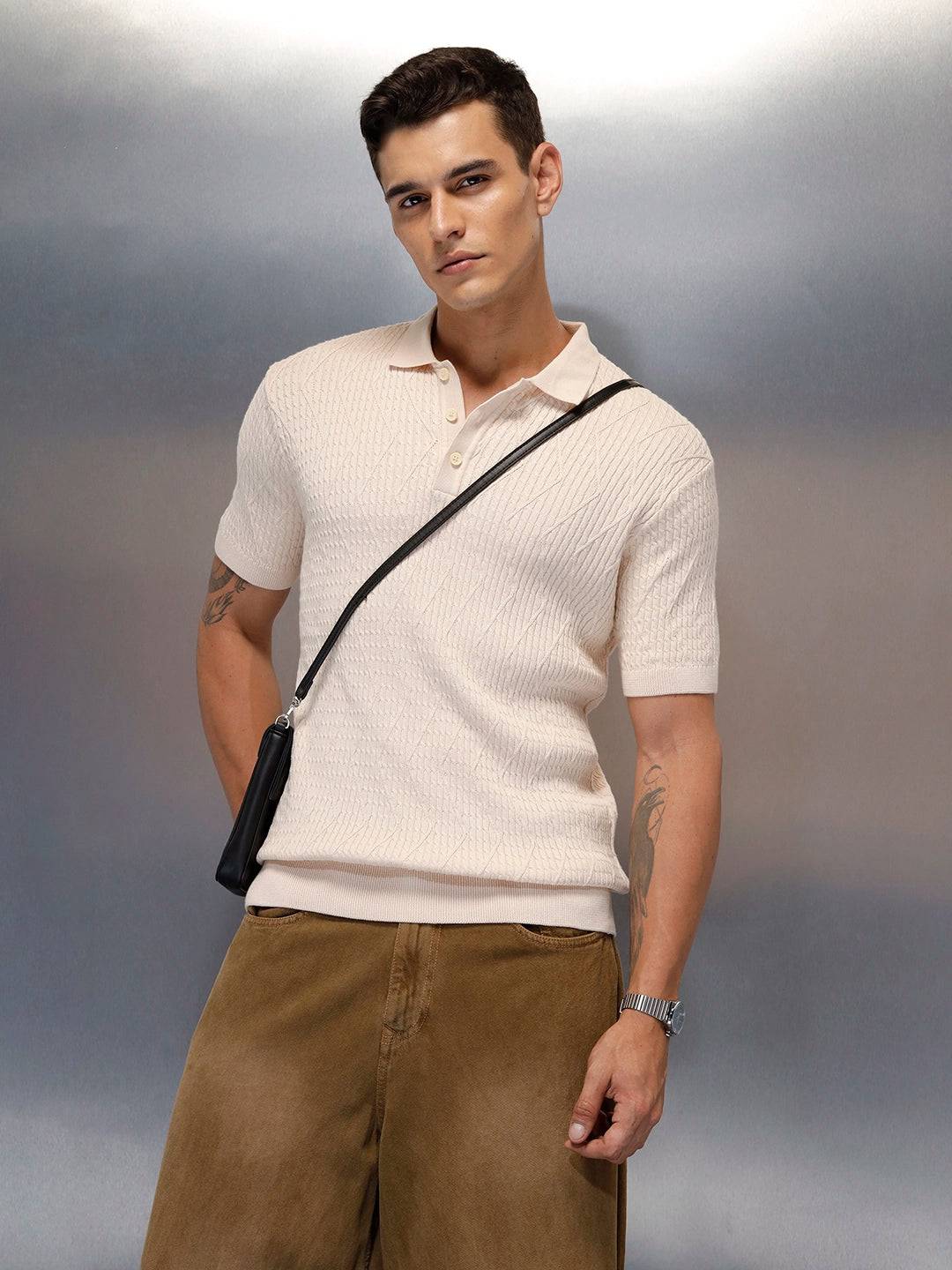 Textured Knit slim fit Polo T-shirt | Beige