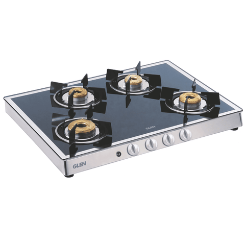 Glen Cooktop, 1048 GT AI FORGED BB MIRROR, 4 Burner Auto Ignition Glass Top Forged Brass Burner 1 Big + 1 Medium + 2 small Gas Stove (Black) Buy at only ₹11999