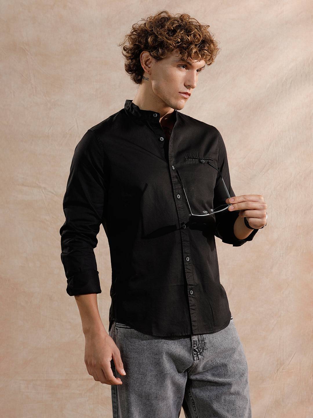 Mandarin Collar Regular Fit Shirt | Black